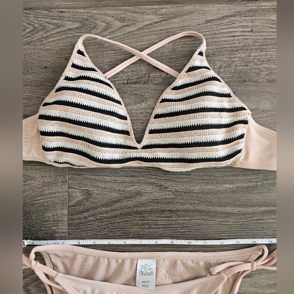 Women's sz M Nude Bikini Crochet Striped Top Solid‎ Side String Tie Bottoms - Picture 4 of 8